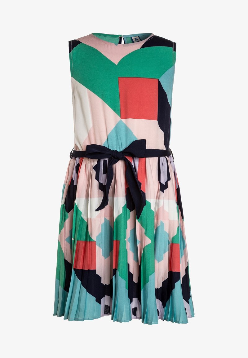 Robe sans manches plissée avec des blocs de couleurs géométriques en vert, corail, bleu, noir et rose, avec un nœud à la taille noir.