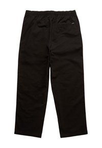 Pantaloni neri in cotone con una cintura elastica, tasche laterali e posteriori, taglio a gamba larga e dettagli di branding minimi sul retro.