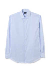 Camicia da uomo a maniche lunghe in cotone di colore azzurro chiaro, con colletto button-down, patta frontale e sottili righe testurizzate in tutto il tessuto.
