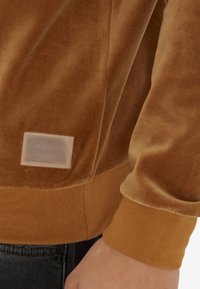 Sudadera de terciopelo marrón con una textura suave, que presenta una etiqueta clara y puños acanalados. El diseño incluye un ajuste suave y relajado.