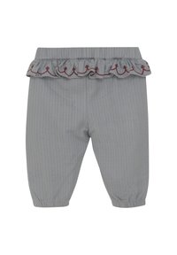 Grijs gestreepte broek met elastische boorden en een gegolfde tailleband met rode borduursels. Gemaakt van lichtgewicht stof.