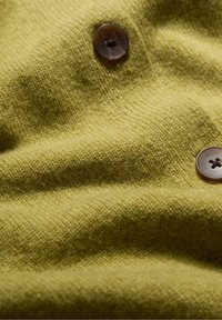 Tessuto a maglia verde con un aspetto texturizzato, caratterizzato da un dettaglio di bottone marrone liscio.