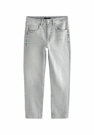 Šviesiai pilki džinsai su lengvu nublukusiu tekstūros efektu, penkių kišenių dizainas, tiesios kojos forma ir mygtuko bei užtrauktuko uždarymas.