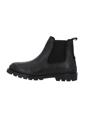 Botín Chelsea de cuero negro con paneles laterales elásticos, suela resistente con dibujo y una tira en el talón para facilitar su calzado.