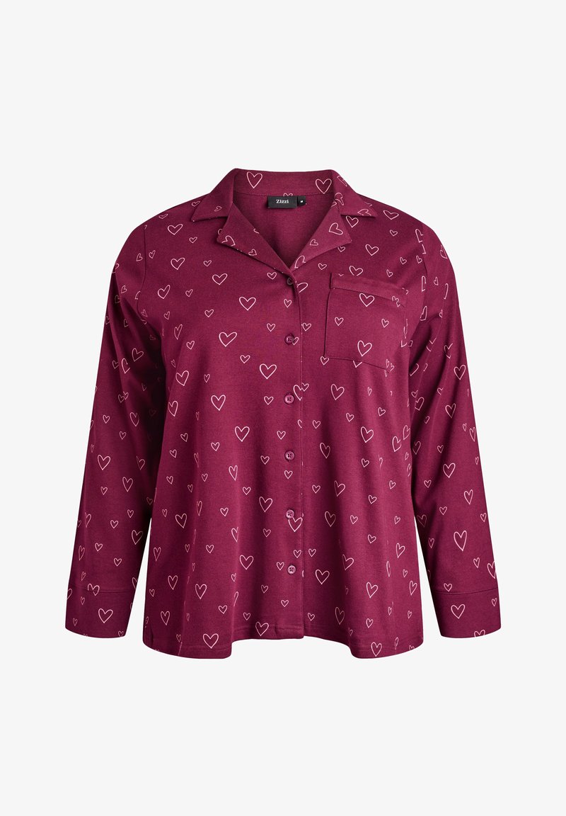 Langdurige blouse met lange mouwen in bordeauxrood, met een borstzak en lichtroze hartomtrekken over de stof.