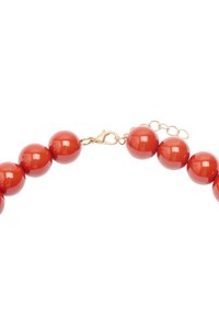 Czerwony naszyjnik z koralików w formie błyszczących kul, z metalowymi akcentami w kolorze złota oraz zapięciem typu lobster i przedłużką łańcuszka.