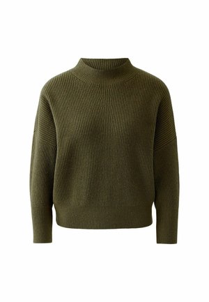 Olivengrüner Strickpullover mit hohem Kragen, lockerer Passform, geripptem Textur und überschnittenen Schultern. Verfügt über einen geraden Saum und lange Ärmel.