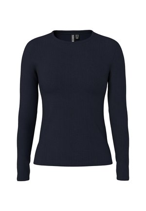 Haut à manches longues côtelé bleu marine avec un col rond et une coupe ajustée. La texture du tissu est lisse avec un détail côtelé en relief.