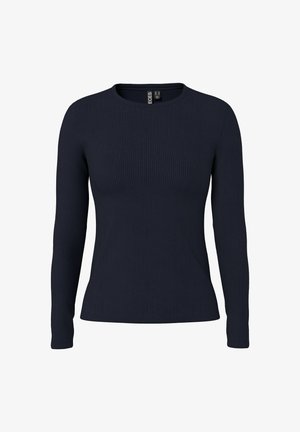 Laivastonsininen pitkähihainen ribbineulospaita, jossa on pyöreä pääntie ja vartalonmyötäinen malli. Kankaan pinta on sileä ja siinä on kohotettu ribbineulostekstuuri.