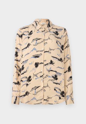 Beige langarmshirt met een bloemenpatroon in zwart en blauw. Beschikt over een puntkraag en knopen aan de voorkant. Gladde stoftextuur.