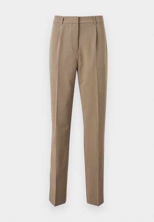 Pantalons tailleur marron en tissu lisse, présentant une coupe droite, des plis avant et une taille avec passants de ceinture.