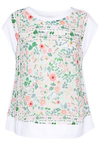 Blusa blanca de manga corta con un patrón floral en tonos pastel y hojas verdes centrado en el panel frontal, bordeado por tela blanca.