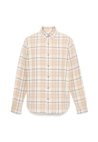 Camisa de cuadros en tonos beige y crema de manga larga con cuello abotonado y cierre de botones en la parte delantera. Tejido de algodón, dobladillo recto y detalle de bolsillo en el pecho.