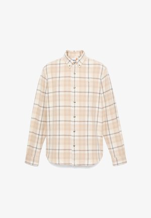 Beige und cremefarbener kariertes Langarmhemd mit Button-Down-Kragen und durchgehendem Knopfverschluss. Baumwollstoff, gerade Saum und Brusttaschendetail.