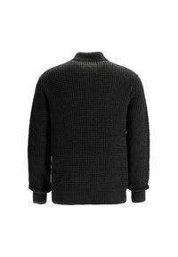 Gestrickter schwarzer Pullover mit einer strukturierten Musterung, hohem Kragen und langen Ärmeln. Die Ärmelbündchen sind mit einem Rippstrickmuster versehen für eine anliegende Passform.