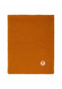 Knitted scarf in orange color, featuring a ribbed texture and circular logo patch in the lower right corner with a bear motif.