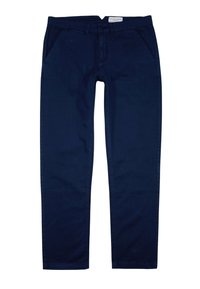 Navy blue cotton trousers with a straight leg design, featuring two front pockets and a zipper fly, smooth texture, minimal stitching detail.