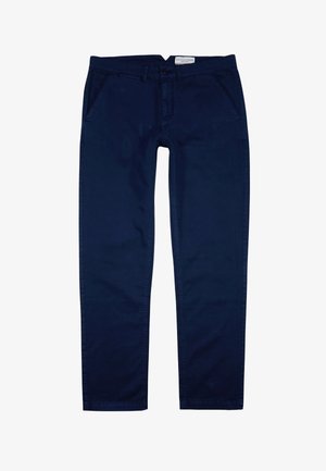 Pantalones de algodón azul marino con diseño de pierna recta, que cuentan con dos bolsillos frontales y una bragueta con cremallera, textura suave, detalle de costura mínima.