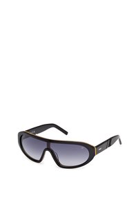 Zwarte zonnebril met een wraparound ontwerp en gradient lenzen. Accenten met gouden striping op het frame. Geribbelde armen voor grip.