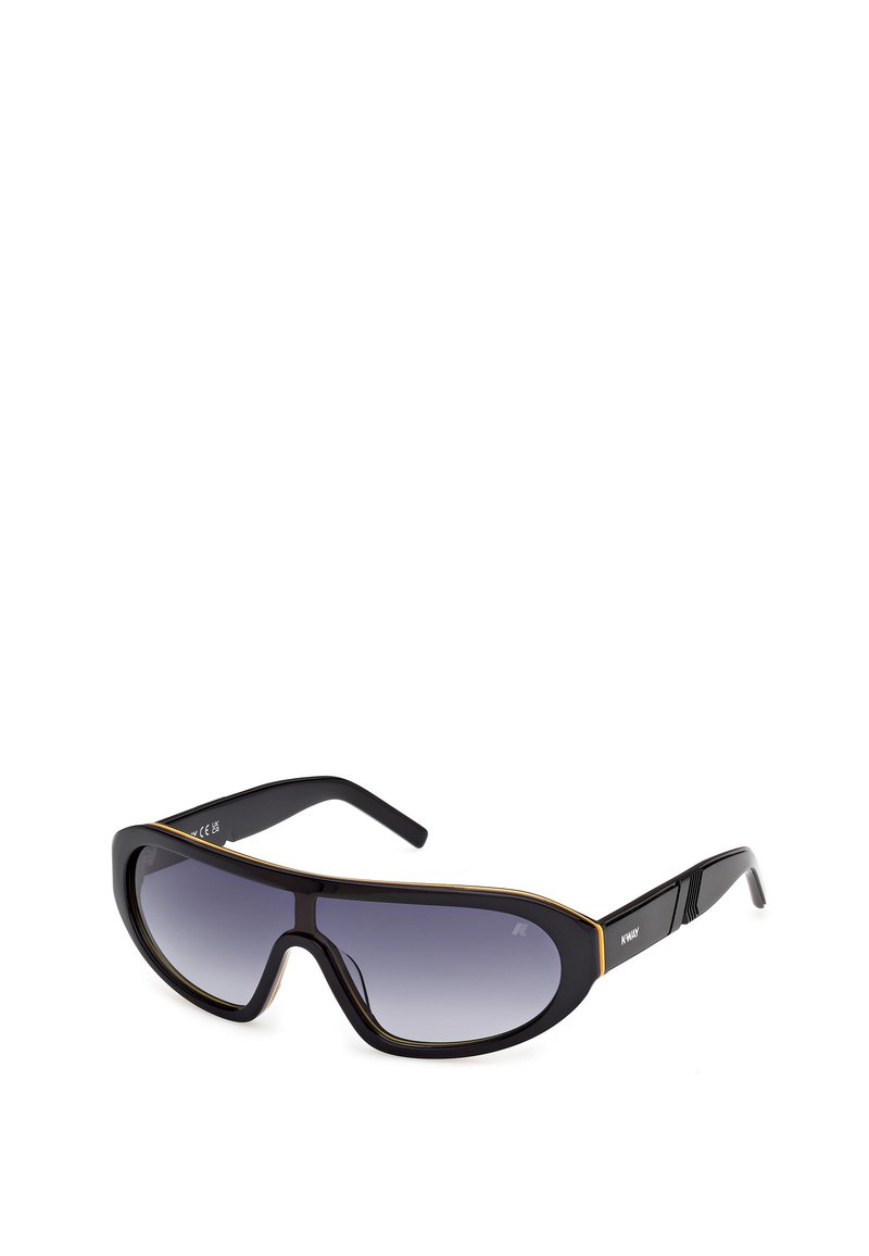 Zwarte zonnebril met een wraparound ontwerp en gradient lenzen. Accenten met gouden striping op het frame. Geribbelde armen voor grip.