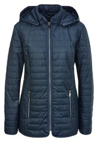 Veste matelassée bleu marine avec capuche, dotée d'une fermeture éclair complète, de deux poches zippées à l'avant et d'un tissu texturé.