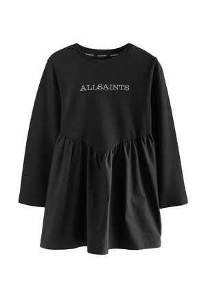 Schwarzes Langarmoberteil mit gerafftem Taillendetail und in Weiß auf der Brust gesticktem "ALLSAINTS", runder Ausschnitt.
