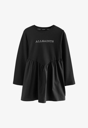 Must mustriga pikkade varrukatega topp, millel on kogutud talje detail ja valge "ALLSAINTS" tikand rinnal, ümmargune kaelus.