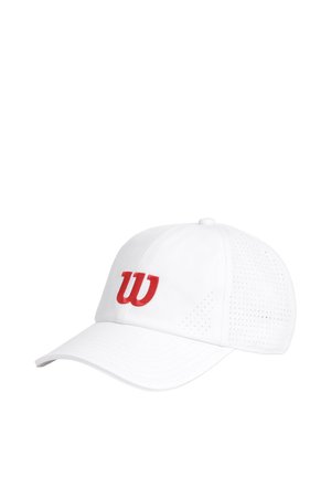Hvid baseballkasket med rødt "W" logo foran og perforerede sidepaneler for ventilation.