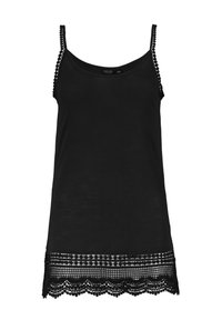 Schwarzes Trägershirt mit dünnen Spaghetti-Trägern, ausgestattet mit einem strukturierten Spitze-Saum mit gewellten Kanten und geometrischem Ausschnitt-Muster.