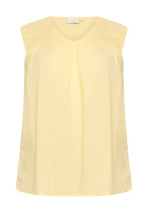 Geel mouwloos topje met een V-hals en geplooide schouders. Gemaakt van lichtgewicht stof, met een losse pasvorm en een eenvoudig ontwerp.