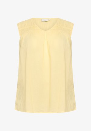 Žuta bez rukava majica s v-izrezom i naboranim ramenima. Izrađena od lagane tkanine, sa slobodnim krojem i jednostavnim dizajnom.