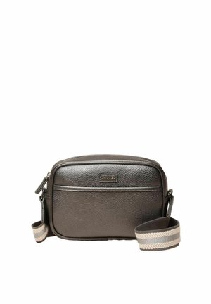 Small dark brown textured leather crossbody bag with front pocket and adjustable beige striped fabric strap.