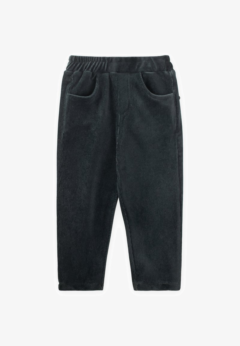 Zwarte corduroy broek met een elastische tailleband, twee zijzakken, gestructureerde ribstof en een taps toelopend ontwerp.