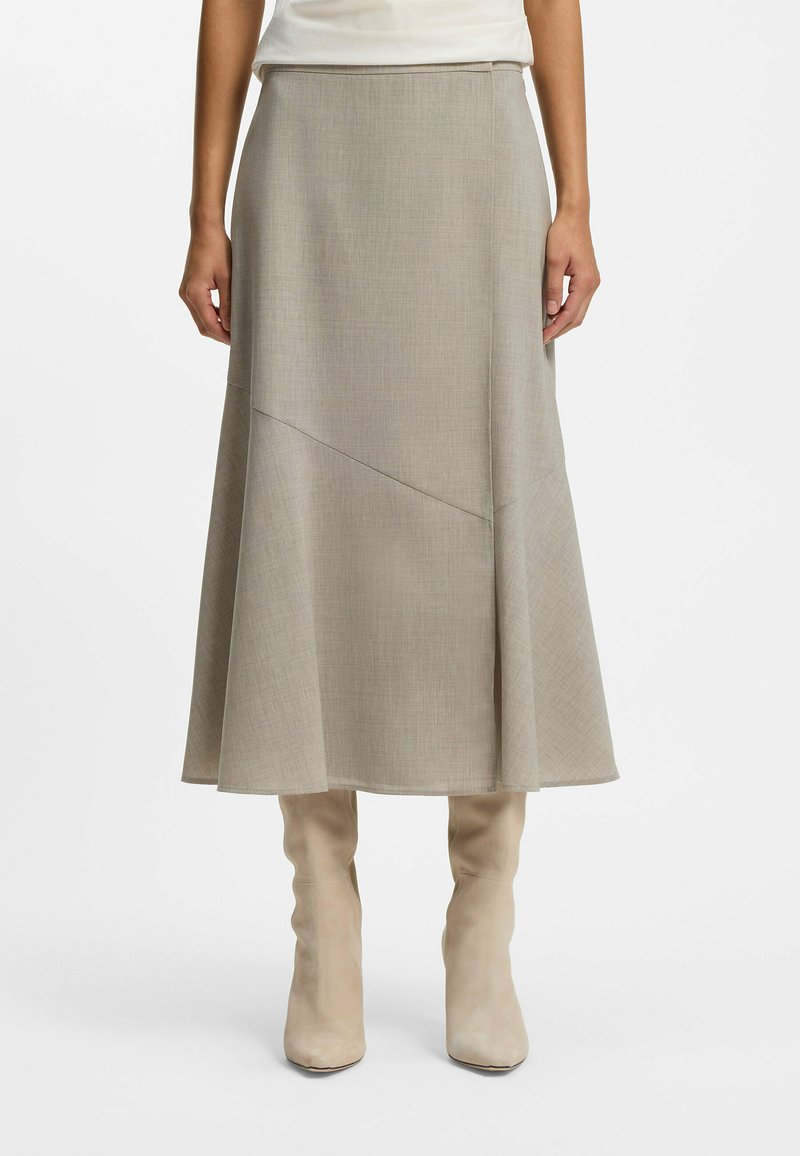 Beiger A-Linien-Rock aus strukturiertem Stoff, mit hohem Bund und diagonal gesteppten Akzenten, kombiniert mit kniehohen beigen Stiefeln.