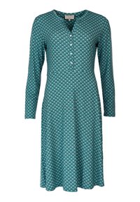 Langärmliges Kleid in Türkis mit geometrischem Muster, V-Ausschnitt und Knopfschluss vorne, aus weichem Stoff gefertigt.