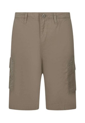 Short cargo beige pour homme avec fermeture par bouton et zip, passants pour ceinture et poches à rabat des deux côtés.