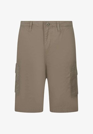 Short cargo beige pour homme avec fermeture par bouton et zip, passants pour ceinture et poches à rabat des deux côtés.