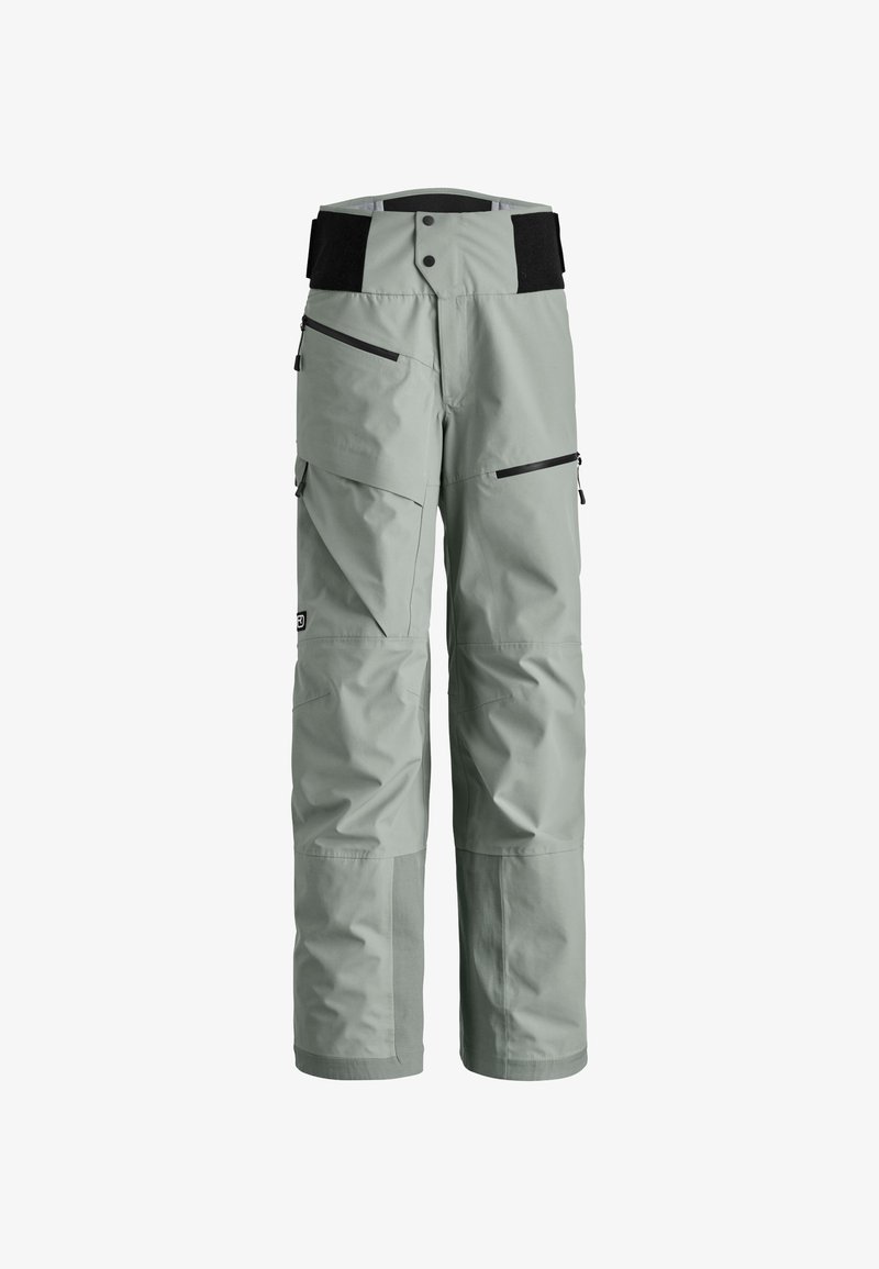 Hellgraue Skihosen mit schmalem Schnitt, wasserdichtem Material, verstellbarem Bund, mehreren Reißverschlusstaschen und verstärkten Unterschenkeln.