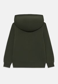 Felpa verde scuro con un grande cappuccio arrotondato, maniche lunghe e polsini a coste. La texture sembra morbida e il tessuto appare liscio.