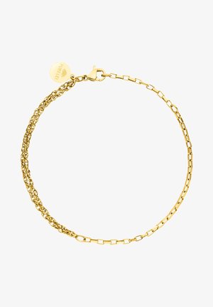 Goldarmband mit einer Kombination aus miteinander verbundenen ovalen und rechteckigen Kettengliedern, mit einem kleinen runden Anhänger, der mit "PURELEI" graviert ist.