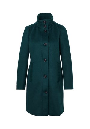 Dark green wool coat with a high collar, seven buttons down the front, and ribbed texture on side pockets. Long sleeves and fitted silhouette.