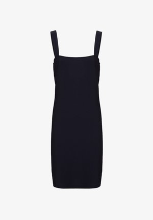 Abito nero attillato con spalline spesse, scollatura quadrata e tessuto testurizzato. Lunghezza al ginocchio con un design semplice e pulito.