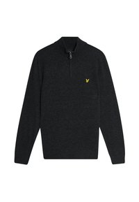 Mörkgrå zip-halströja med långa ärmar. Har en subtil gul logotyp på vänster bröst. Tillverkad av ett slätt, strukturerat tyg.