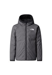 Veste à capuche grise North Face avec fermeture éclair à l'avant et logo sur la poitrine gauche, présentée sur fond blanc.