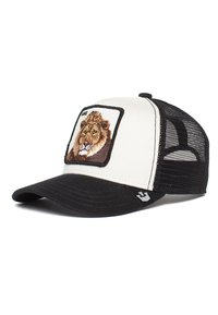 Black and white trucker cap with a mesh back, featuring an embroidered lion patch on the front. Flat brim and adjustable snapback closure.