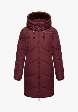 Maroon puffer coat with a hood, featuring a zip closure, contrasting drawstrings, and chevron quilting pattern on a smooth, padded surface.