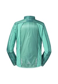 Chaqueta ligera en color teal con un alto cuello, mangas largas y detalles reflectantes. Elaborada con un material suave y transpirable. Presenta un logo en el dobladillo.