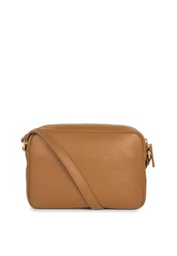 Borsa a tracolla in pelle color testa di moro con superficie texture, forma rettangolare, chiusura a zip nella parte superiore e tracolla regolabile.