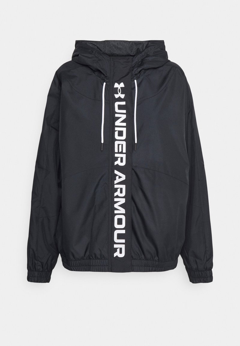 Black hooded windbreaker jacket made of lightweight material, featuring a white vertical logo on the front and elastic cuffs.