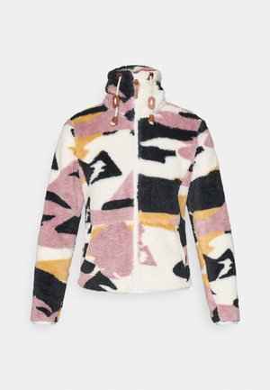 Mikroszálas dzseki magas gallérral, színes geometriai mintákkal rózsaszín, sárga, fekete és fehér árnyalatokban, elől cipzárral és húzózsinór díszítéssel.